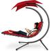 Outdoor Hanging Curved Steel Chaise Lounge Chair Swing w/Built-in Pillow and Removable Canopy -Red