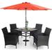 durable & William Outdoor 6 Pieces Dining Set with 4 Rattan Chairs 1 Metal Table and 1 10ft 3 Tier Auto-tilt Umbrella(No Base) Orange Red Modern Patio Furniture for Poolside Porch