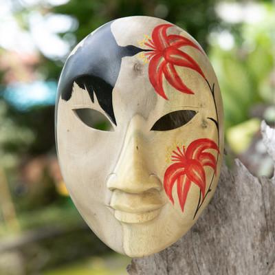 'Wood Wall Mask with Hand-Painted Floral and Bird Motifs'