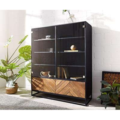 DELIFE Vitrine Famke 120 cm Mango Teak 2 Glastüren und 2 Holztüren, Vitrinen Image