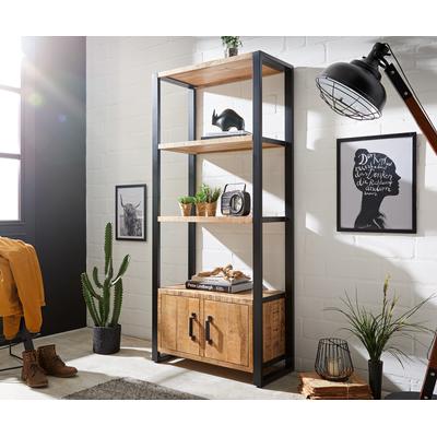 DELIFE Regal Crompton 80x185 cm Mango Natur Metall Schwarz 3 Fächer 2 Türen, Standregale Image