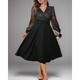 Women's Plus Size Black Dress Party Dress Sequins Mesh Patchwork V Neck Long Sheer Sleeve Midi Dress Sparkle Formal Spring