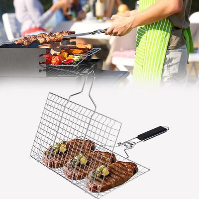 Grill Accessories, Fish Grill Basket, Grill Basket Stainless Steel with Portable Removable Handle, Portable Grilling Rack for Vegetables Steak, Heavy Duty, Large BBQ Basket