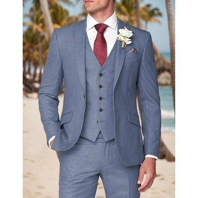 Men's Wedding Party Linen Suits Dusty Blue Groomsmen Suits Solid Colored Tailored Fit 3 Piece Single Breasted One-button