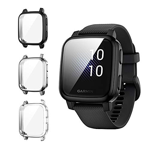 Suoman 3er-Pack für Garmin Venu Sq-Gehäuse, vollflächige Schutzhülle für TPU-Stoßstangenabdeckung für Venu Sq Music / Venu Sq Smartwatch - Schwarz Silber Klar Image