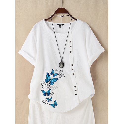 Damen Shirt 100% Baumwolle Knopf Print Täglich Leinenähnlich Elegant Kurzarm Rundhalsausschnitt Weiß Sommer Image