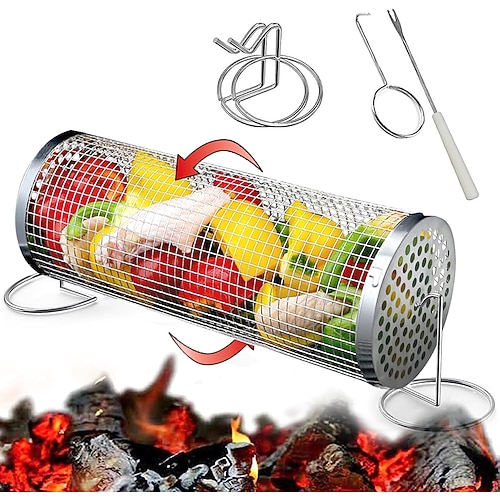 Rollbarer Grillkorb mit festem Boden, drehbarer Grillkorb für Gemüse, Grillgitterkorb aus Edelstahl für Grill im Freien, Fisch, Gemüse, Garnelen, Drehspieß, Pommes, tragbarer Campinggrill Image