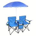 Folding Double Chair w/Umbrella Beverage Holder Carrying Bag Cooler Fold Up Table Large Bearing Capacity for Beach Patio Pool Park Outdoor Blue