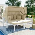 Williamspace Patio Daybed Chaise Lounge with Retractable Canopy Patio Wicker Daybed Outdoor Sectional Sofa Set Sun Lounger with Cushions for Backyard Porch Pool Beige
