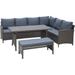 durable 4 Pieces Patio Wicker Dining Sets Outdoor PE Rattan Sectional Conversation Set with Cushions & Dining Table Bench for Garden Backyard Lawn Navy Blue