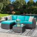 simple Outdoor Furniture Patio Sets Low Back All-Weather Small Rattan Sectional Sofa with Tea Table&Washable Couch Cushions Upgrade Wicker Silver Gray Rattan 3-Piece (Aegean Blue)