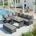 Outdoor Patio Rattan Sofa Set 5 Piece Sectional PE Wicker L-Shaped Garden Furniture Set with 2 Extendable Side Tables Dining Table and Washable Covers for Backyard Poolside Indoor Gray