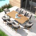 LEAF 11 Pieces Patio Dining Set Wicker Outdoor Furniture Rectangular Table and Chairs Set for Garden Deck Teak-Finish Aluminum Frame Backyard Kitchen Set Cushions and Pillows Included