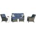 simple Outdoor Patio Wicker Furniture Set - 5 Piece Patio Rattan Sectional Sofa Set with 3-Seat Couch 2 Armchairs 2 Ottoman Footrests for Patio Conversation(5PC Mixed Grey/Blue)