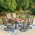 durable 7 Pieces Patio Dining Sets Outdoor Furniture Set Including 1x 64 Rectangle Wood-Like Table Table and 6 Padded Sling Swivel Chairs Metal Dining Set for Backyard Garden Deck