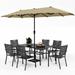 durable VILLA Outdoor 10ft Patio Umbrella Set for 4 with 5 Pieces Dining Table Chairs Metal Outdoor Stackable Wrought Iron Chair Set of 4 & 37 Metal Table 3 Tier Vented Dark Blu