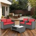 4 Pieces Patio Conversation Set Outside Rattan Sectional Sofa Outdoor Furniture Set with Light Grey Cushion Wicker Sofa for Garden Porch Backyard Red