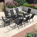 LEAF 9 Pieces Outdoor Patio Dining Set with 8 Folding Portable Chairs and 1 Rectangle Aluminum Table Foldable Adjustable High Back Reclining Chairs with Soft Cotton-Padded Seat Grey