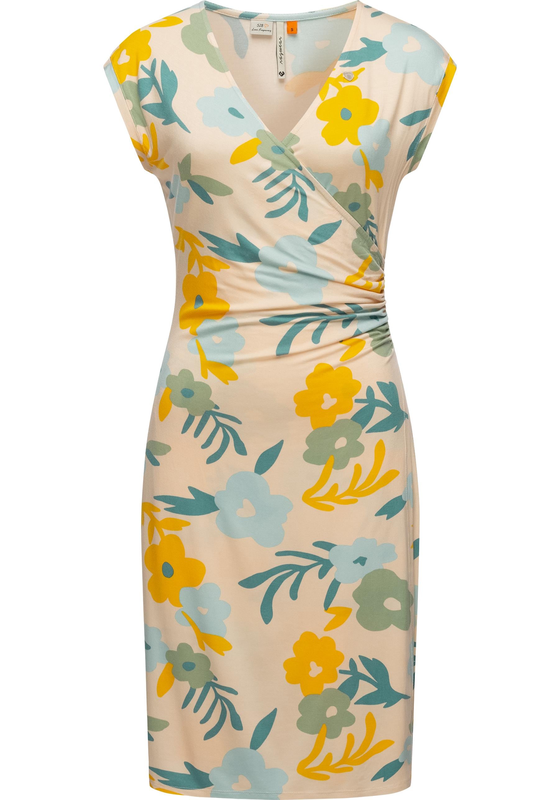 Etuikleid RAGWEAR "Crupi Print", Damen, Gr. L (40), Normalgrößen, beige, Material: 95% Viskose, 5% Elasthan, figurbetont ca. Mitte Oberschenkel, tiefer V-Ausschnitt, Ärmel ohne Ärmelschlitz normaler Saum, Kleider Etuikleid, figurbetontes Sommerkleid...