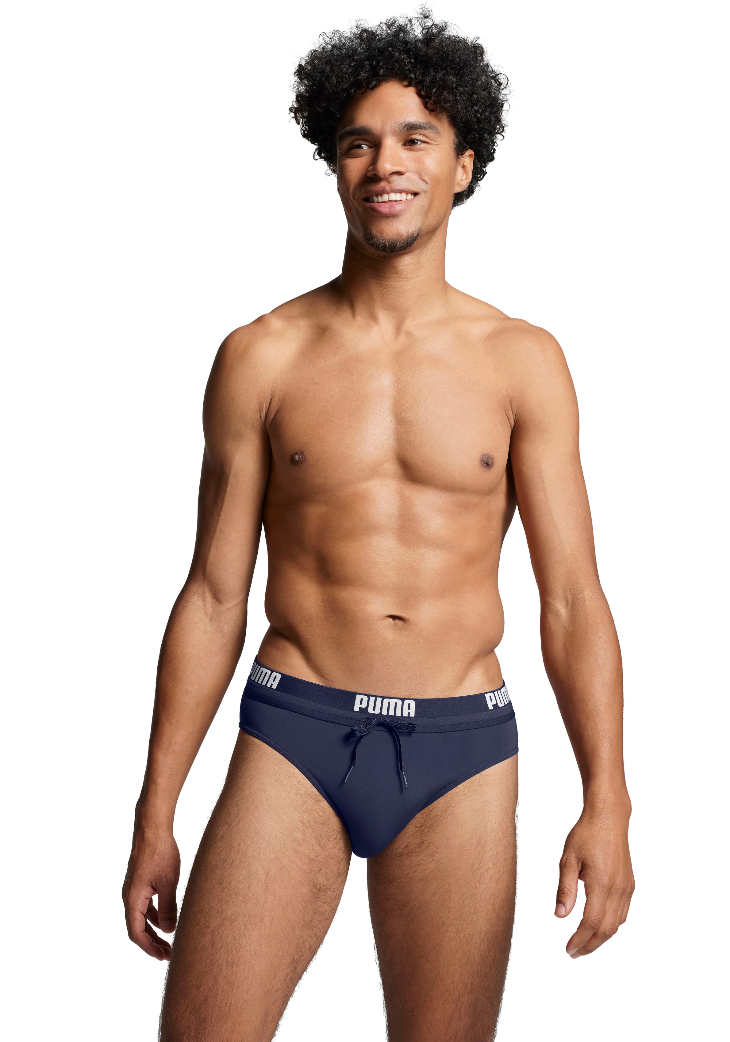 Badeslip PUMA "PUMA SWIM MEN LOGO SWIM BRIEF", Herren, Gr. M, N-Gr, blau (navy), Web, Obermaterial: 80% Polyester, 20% Elasthan, unifarben, Sportlich, Badehosen, mit elastischem Logobund Image