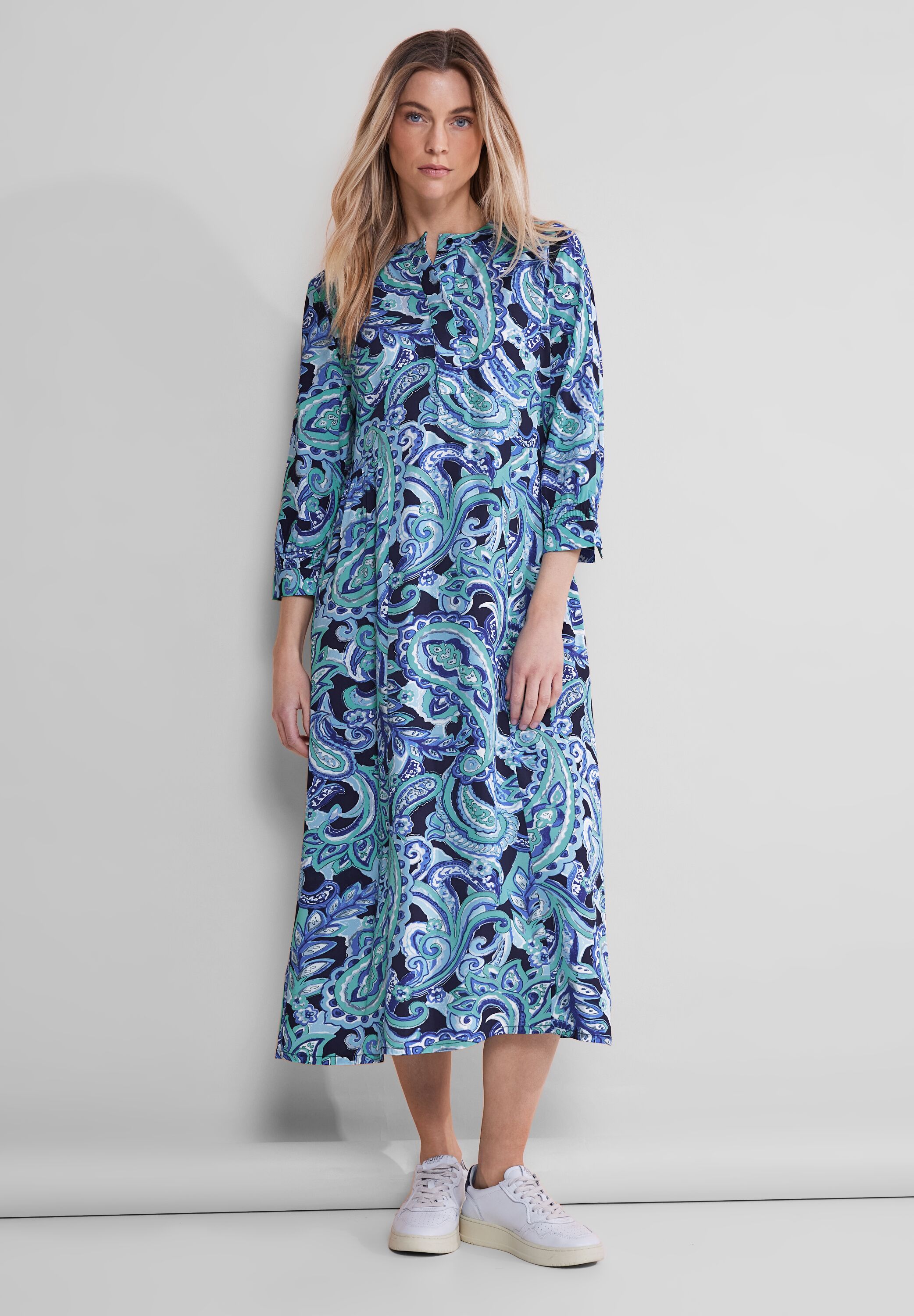 Midikleid STREET ONE, Damen, Gr. 36, EURO-Größen, blau (intense aqua), Stoff, 100% Viskose, bedruckt, gerade wadenlang, Rundhals, Bündchen, Kleider Midikleid, aus Viskose