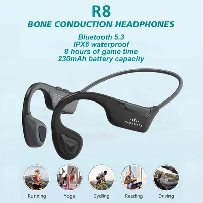 PARAMITA R8 Real Bone Conduction Bluetooth Headphone Wireless BT5.3 Waterproof Sports Headset with Mic for Workouts Run Driving