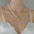 Fashion Love Pendant Paper Clip Chain Half Imitation Pearl Double Layer Necklace Women's and Men's