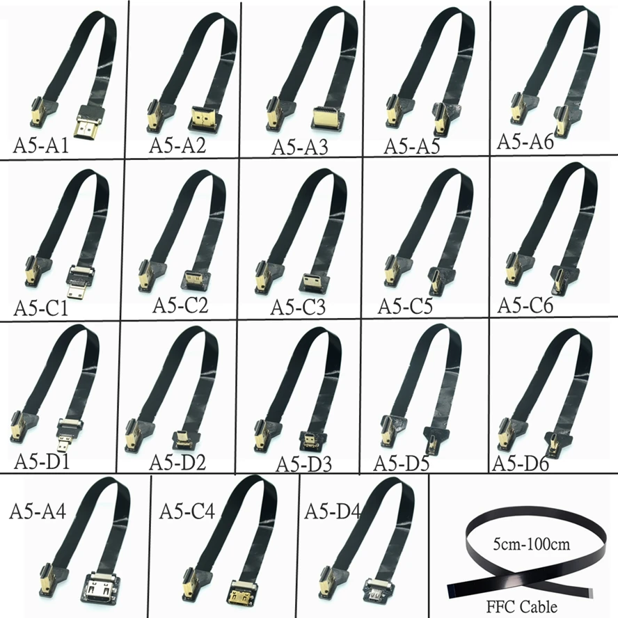 A5 band flach fpv hdmi-kompatibles kabel micro hdmi zu mini hdmi-kabel 90 grad adapter 5cm-80cm fpc abstand 20pin stecker Image