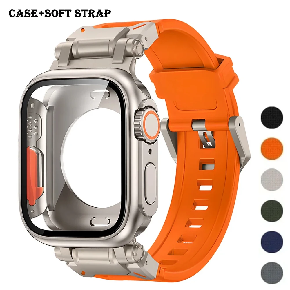 Silikon armband gehäuse für Apple Uhren armband 44mm 45mm 41mm 40mm gehärtete Glas abdeckung wechseln zu Ultra für iwatch Serie 8 7 se 6 5 4 Image
