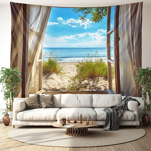 Fensteransicht Strand hängen Wandteppich Wandkunst große Wandteppich Wandbild Dekor Fotografie Hintergrund Decke Vorhang Haus Schlafzimmer Wohnzimmer Dekoration Ozean Sommer Wandtuch XXL Natur Image