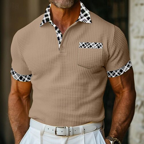 Herren Textur Business-Polo Arbeit Lässig Revers Klassisch Kurzarm Basic Modern Farbblock Patchwork Tasche Frühling Sommer Normale Passform Hellgelb Milchweiß Kaki Grau Textur Image