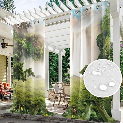Outdoor-Vorhänge für die Terrasse, wasserdicht, verdunkelnd, für Pavillon, Pergola, Laube, Wintergarten, 2 Paneele, Wasserfall, Fluss Image