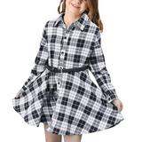 Toddler Girls Casual Dresses Belt Long Sleeve Buffalo Check Black White Red Plaid Print Children Kids Dress Daily-Wear