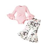 Canrulo Newborn Baby Girl Fall Outfits Rib Knit Flare Long Sleeve Romper Butterfly/Flower Print Flare Pants 2Pcs Clothes Butterfly Pink 12-18 Months