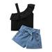 BOLUOYI Clothes for Teen Girls Solid Color One Shoulder Strap Sleeveless Lace Top Tie up Denim Shorts Girls Two Piece Set