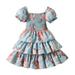 Tengma Toddler Girls Dresses Print Ruffle Trim Crew Neck Puff Sleeve Flared A Line Dress Princess Dresses Blue 120