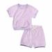 Virmaxy Little Kids Boys Summer Terry Cloth Shirt Suit Toddler Baby Boys Solid Color Cotton Crepe Gauze T-shirt Crew Short Sleeve Tops |Shorts 2 Piece Set Purple 3T