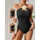 Black One Piece Swimsuit Woman Luxury Bandeau Swimwear Korea Style Bride Swimsuit Beachwear Monokini