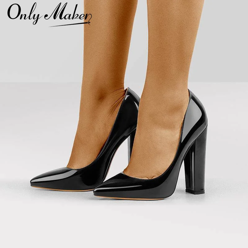 Onlymaker Women's Pointed Toe Block Chunky High Heel Slip On Shoes Wedding Office Pumps Faux Suede Black Big Size Classic Heels