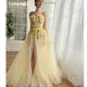 Amanda-Robe de Rhtrapèze jaune évasée appliques en dentelle sangle spaghetti robe de soirée