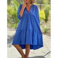 Damen Schwarz Blau Orange Sommer Frühling Midikleid Leinen-inspirierte Kleider Baumwoll-Leinenkleid A Linie Kleid Lässig Urlaub Lässiger Schnitt Einfach V-Ausschnitt