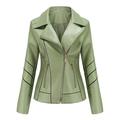 Zpanxa Winter Jackets for Women Slim Leather Jackets Stand-Up Collar Zipper Motorcycle Biker Coat Stitching Solid Color Coat Outwear Green L