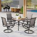 durable 5 Pieces Outdoor Dining Set 4 Sling Dining Swivel Chairs and 48 Round Metal Wood Grain Table with 2 Umbrella Hole Furniture Sets for Lawn Backyard Garden