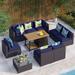 6 Pieces Outdoor Patio Furniture Set with 45 Plate Embossing Propane Fire Pit Table Outdoor Wicker Sectional Sofa Conversation Set with Blue Cushions & Coffee Table