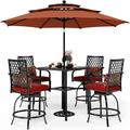 simple & William Patio Bar Set 6 Piece Outdoor Dining Table and Chairs Metal Furniture Set with 4 Swivel Bar Stools 1 Square Bar Height Table and 3-Tier 10ft Patio Umbrella Navy