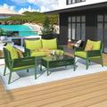 Rope Patio Outdoor Furniture Set 4 Pieces Patio Metal Conversation Sets Patio Sectional Sofa Set with Tempered Glass Table and Thick Cushion for Backyard Porch Balcony(Green)