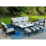 durable VILLA 4 Piece Patio Conversation Sets Outdoor Deluxe Metal Furniture Patio Set with 3 Seater Padded Deep Seating Bench 2 Swivel Cushioned Armrest Sofa Chairs and 1 Good-Looking