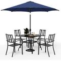 simple VILLA 5 Piece Outdoor Dining Set with 10ft Umbrella 37 Square Metal Dining Table & 4 Stacking Metal Chair with 3 Tier Beige Umbrella for Patio Deck Yard Porch