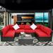 simple 7Pcs Patio Furniture Sets - Patio Sectional Conversation Sofas Black PE Wicker Outdoor Couch Patio Seating with Pillows & Coffee Table Red