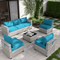 7-Piece Outdoor Patio Furniture Set with 5 High-Resiliency Seat Cushions Light Grey Gradient Wicker Sectional Sofa Modular Wicker Patio Conversation Set With coffee table-Grey/Lake Blue